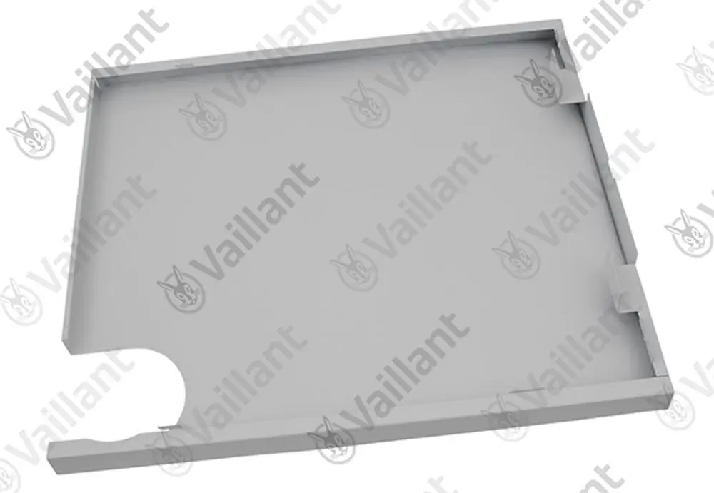 Grauer Deckel von Vaillant, rechteckig mit Aussparung und Einkerbungen, geeignet für bestimmte Modelle.